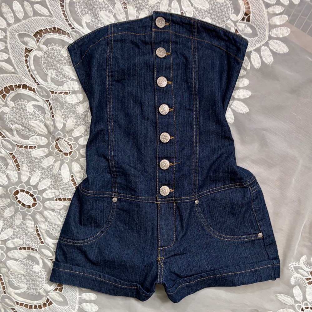 Y2K Body Central Festival  Strapless Denim Romper Dark Wash Button Front Blue M